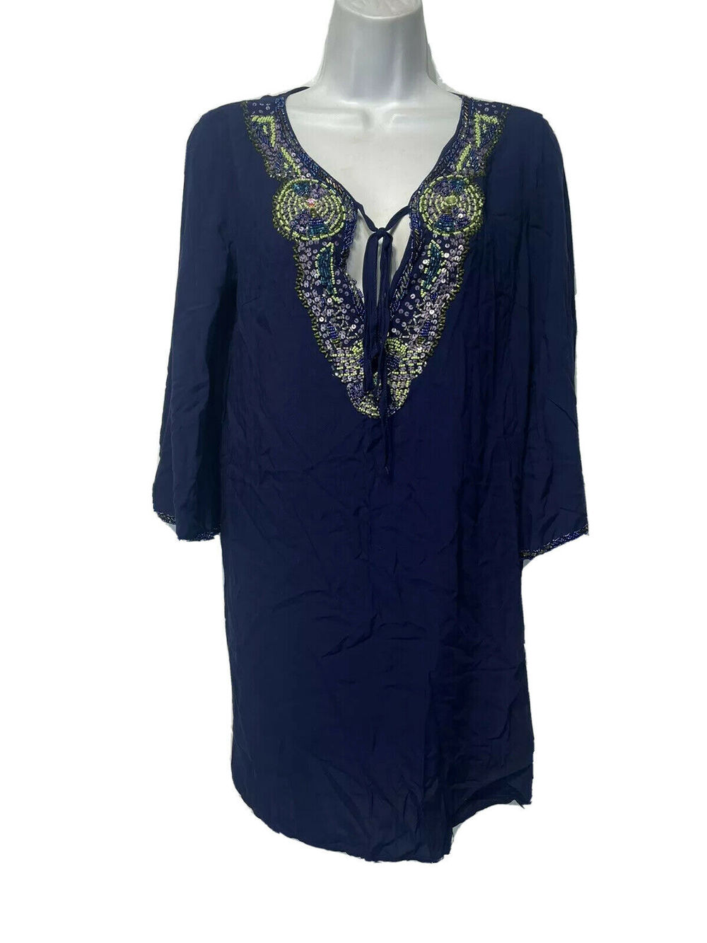 arc & co Women’s Size S blue beaded long sleeve v-neck tunic dress